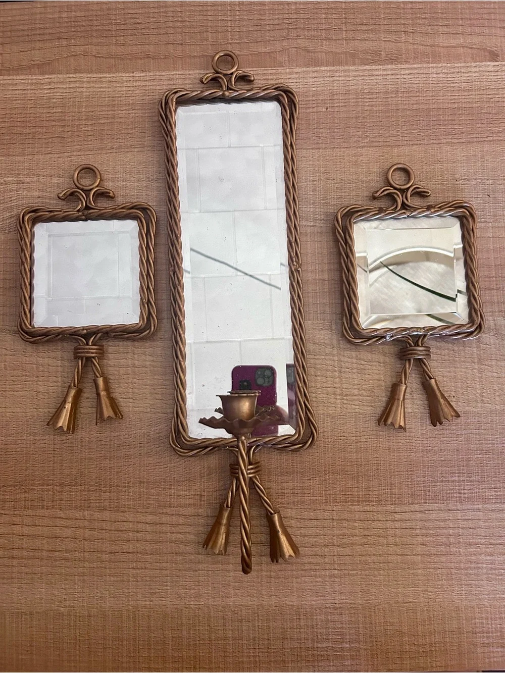Vintage Gold Three-Piece Tassel Wall Mirror Set